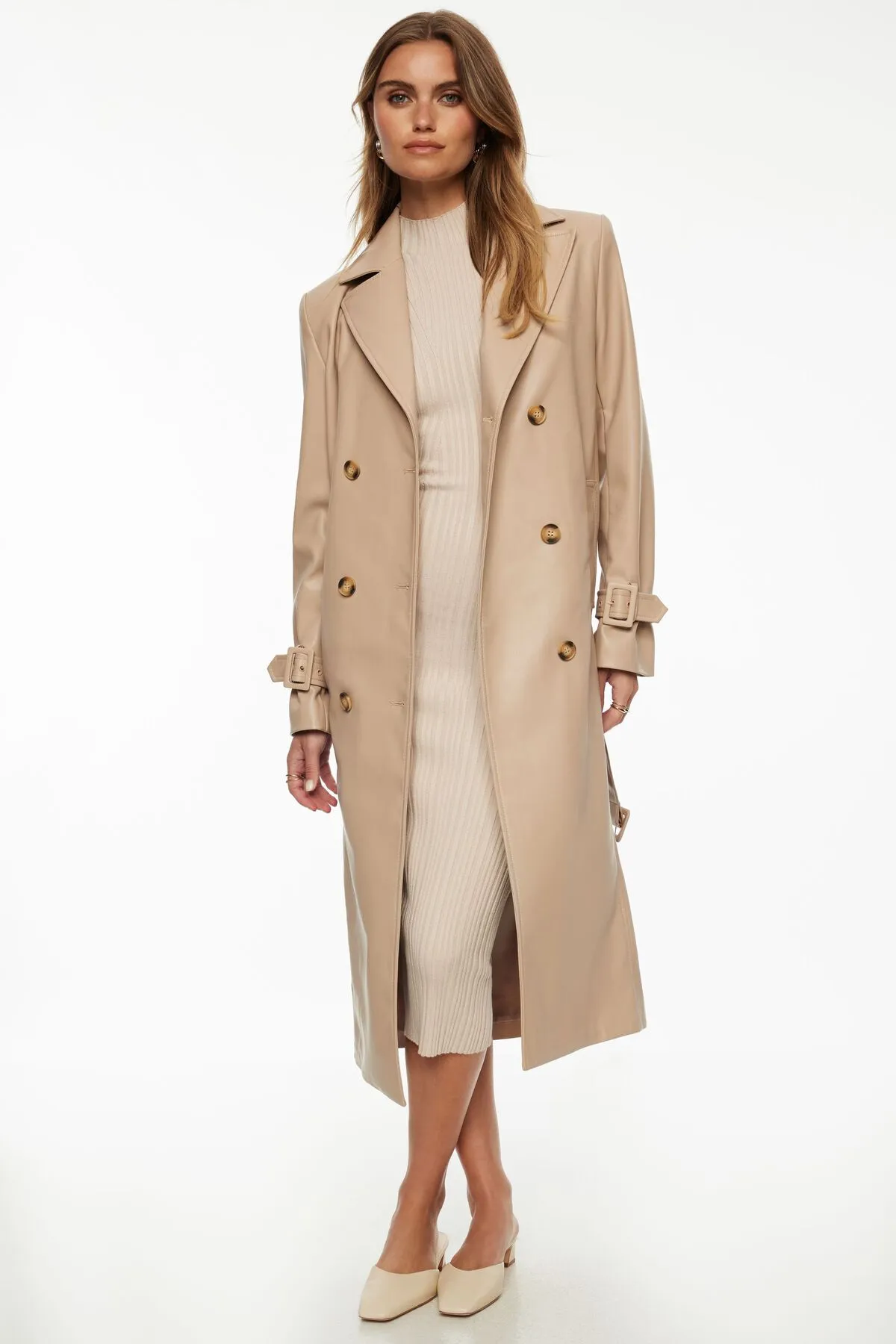 Military Faux Leather Trench Coat sold by Dynamite