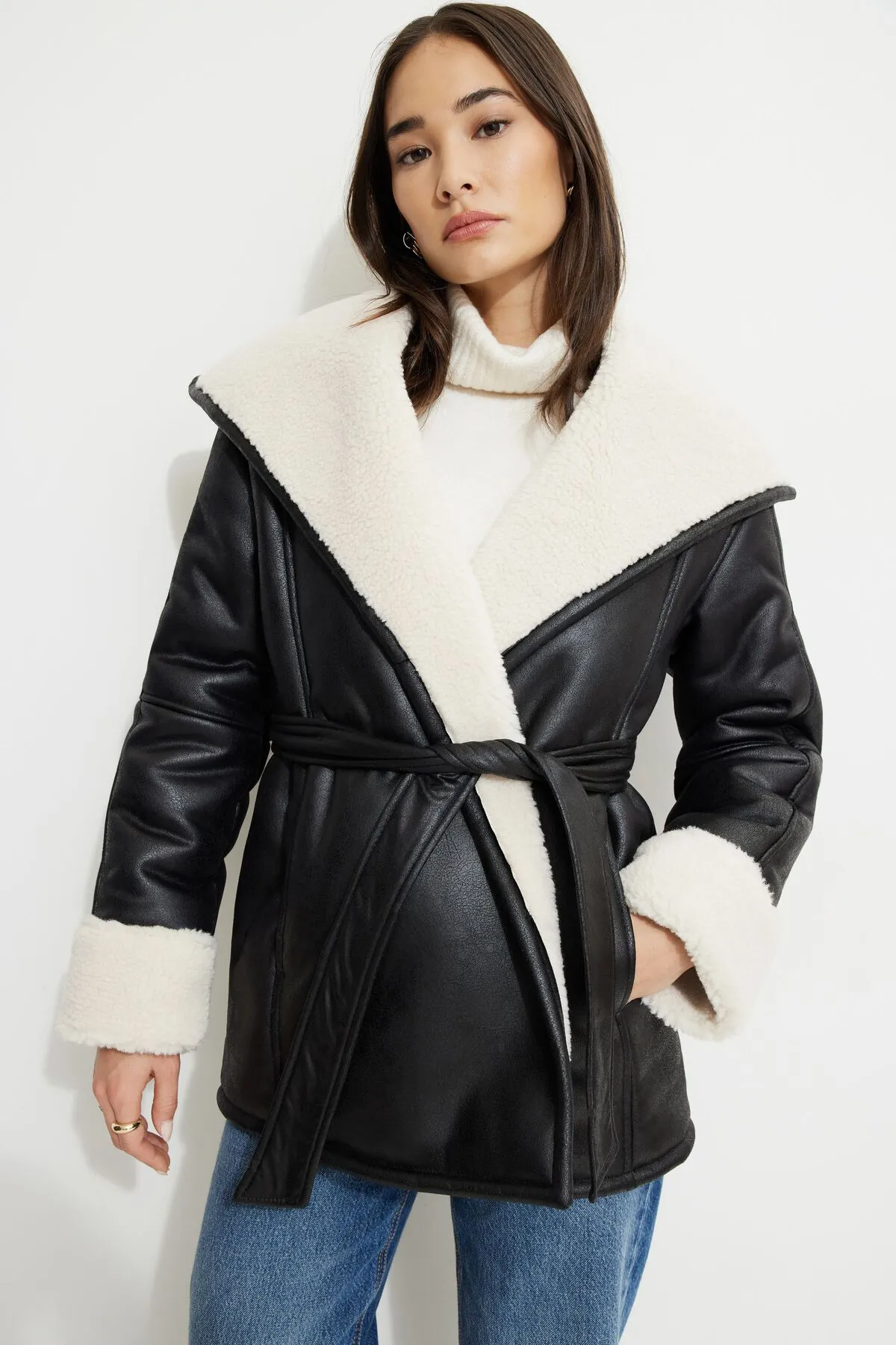 Sherpa Short Faux Leather Wrap Coat sold by Dynamite