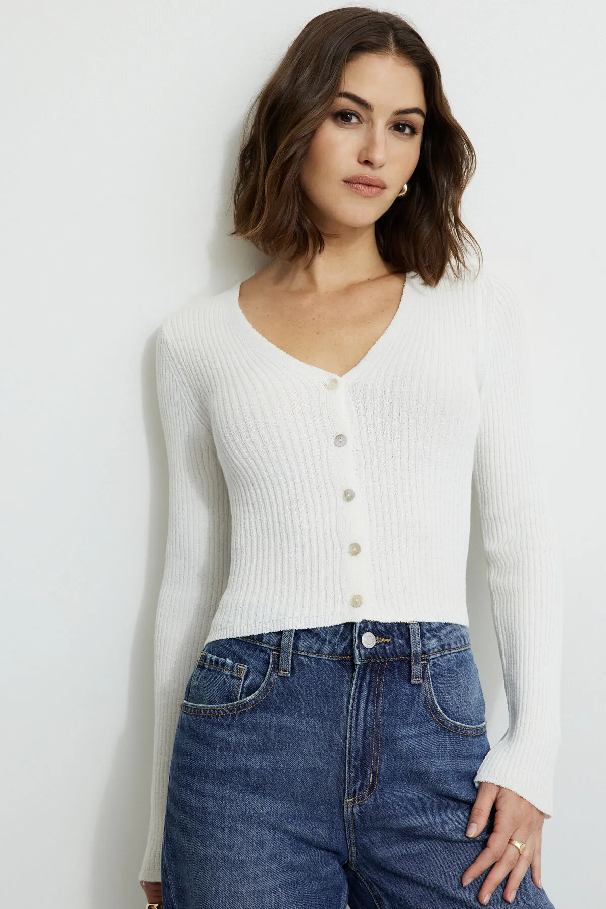Mila Ribbed V Neck Cardigan sold by Dynamite