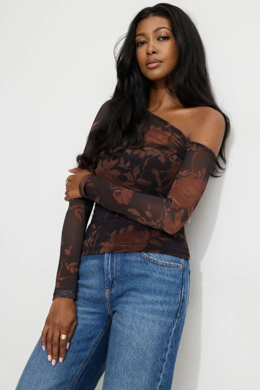 Kat Single Shoulder Mesh Top sold by Dynamite