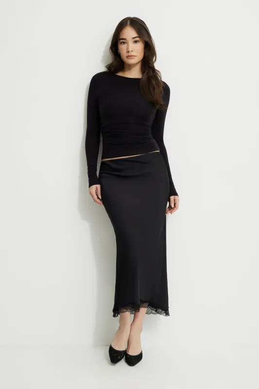 Satin Lace Trim Maxi Slip Skirt sold by Dynamite