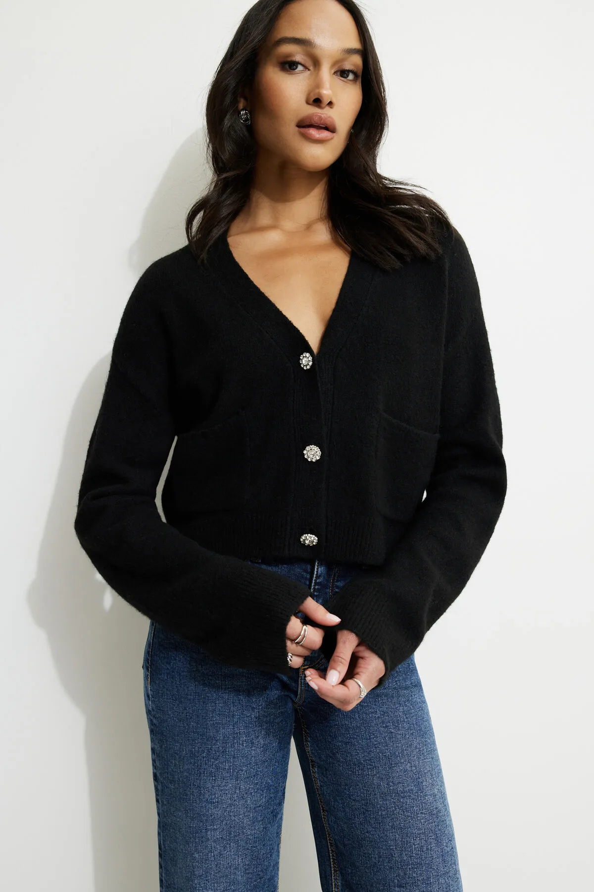 Heavenlyarn™ Abbey Jewel Button Cropped Cardigan sold by Dynamite