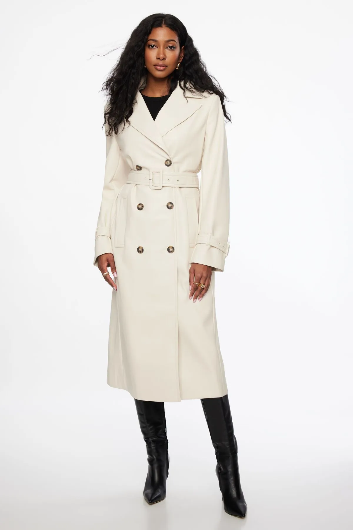 Military Faux Leather Trench Coat sold by Dynamite