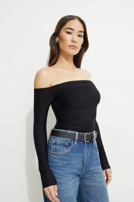 Ruched Off Shoulder Jersey Bodysuit sold by Dynamite