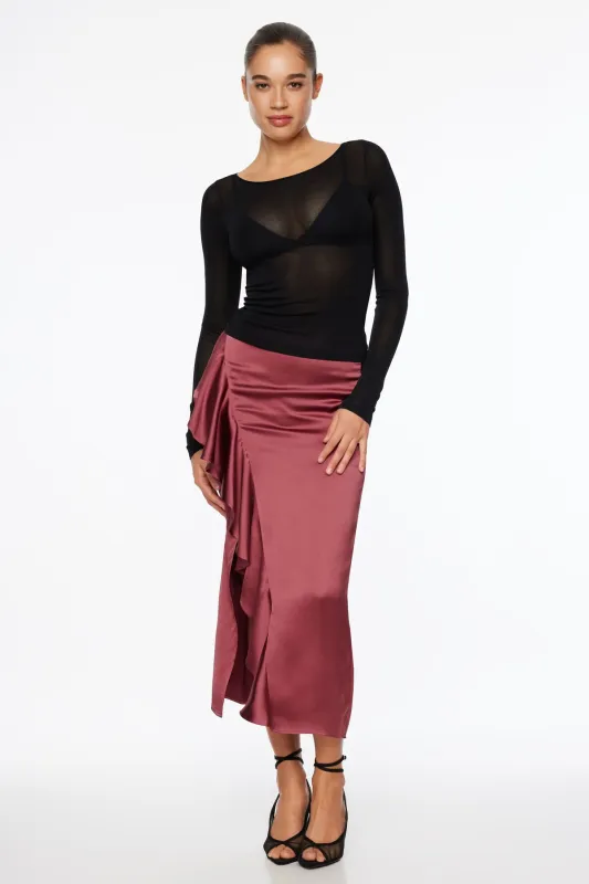 Kamila Satin Ruffled Maxi Skirt sold by Dynamite