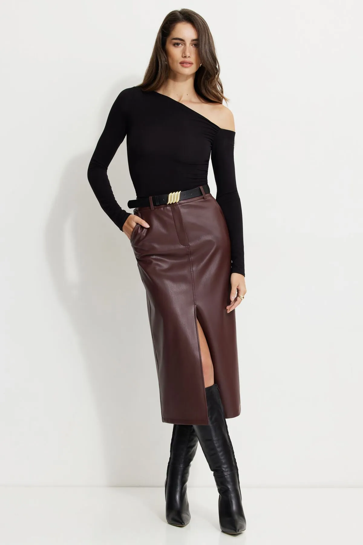 Danbi Faux Leather Midi Skirt sold by Dynamite