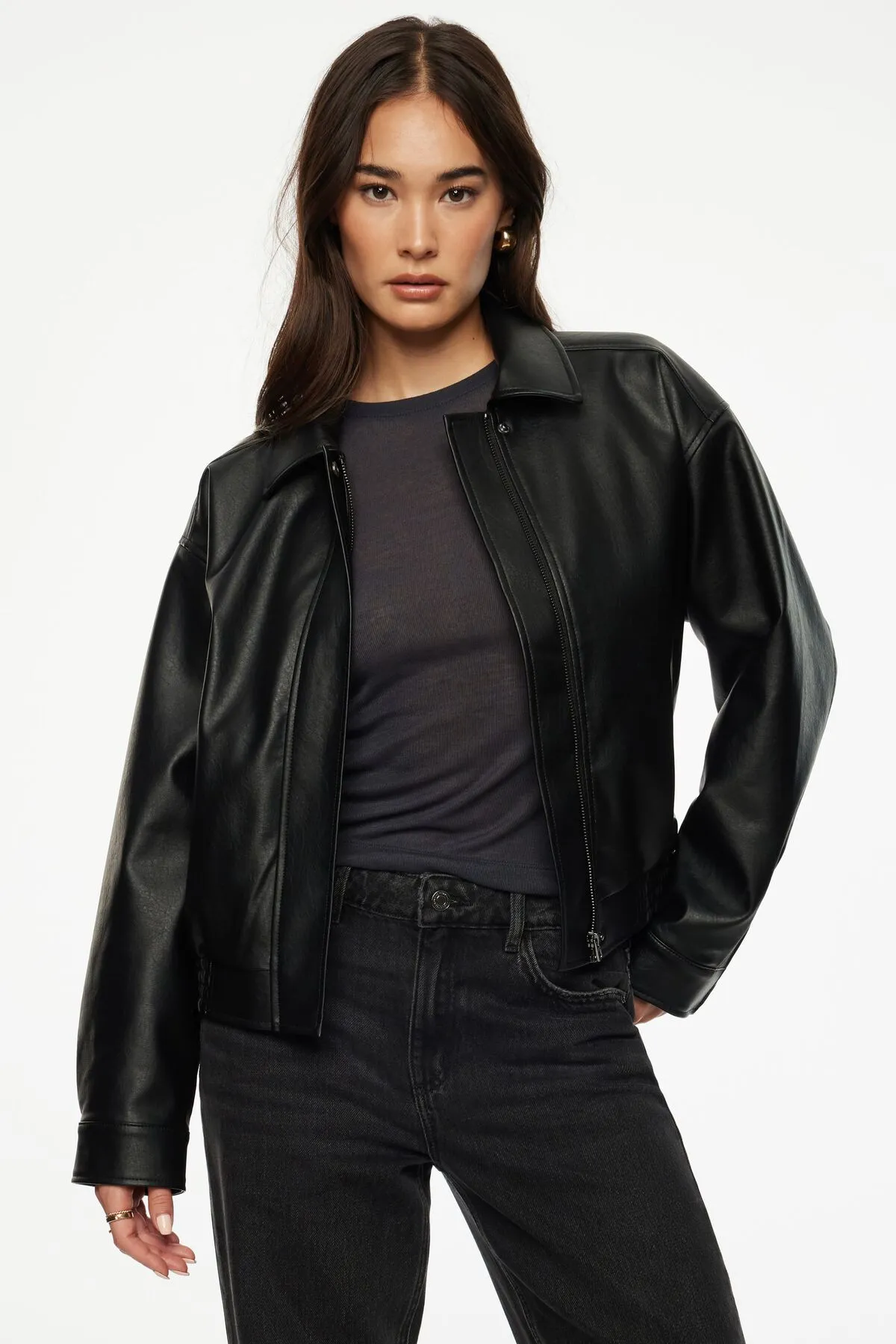 Faux Leather Bomber Jacket sold by Dynamite