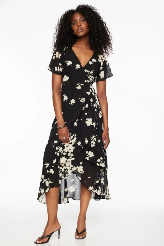 Ruffled Wrap Midi Dress sold by Dynamite
