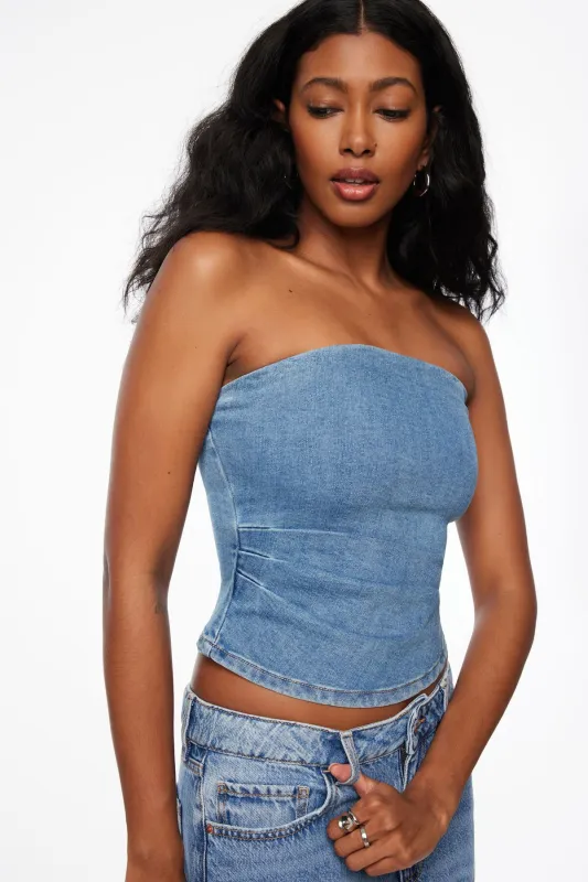 Pleated Denim Bustier Top sold by Dynamite