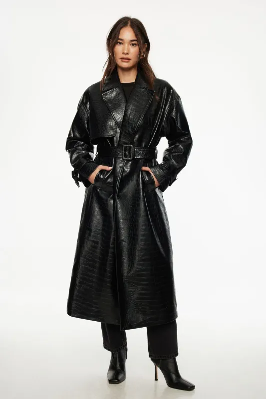Crocodile Faux Leather Military Trench Coat sold by Dynamite