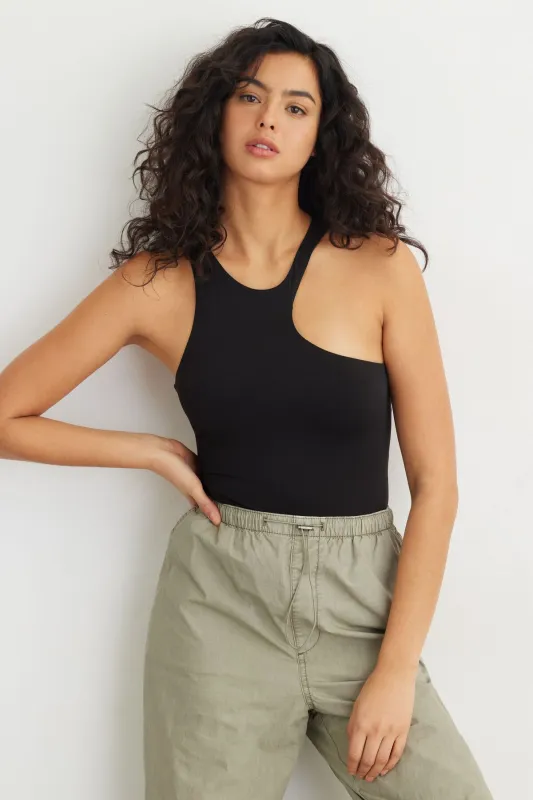 Sculpt High Neck Asymmetric Bodysuit sold by Dynamite