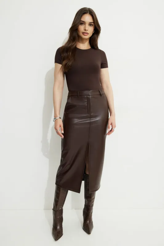 Danbi Faux Leather Midi Skirt sold by Dynamite