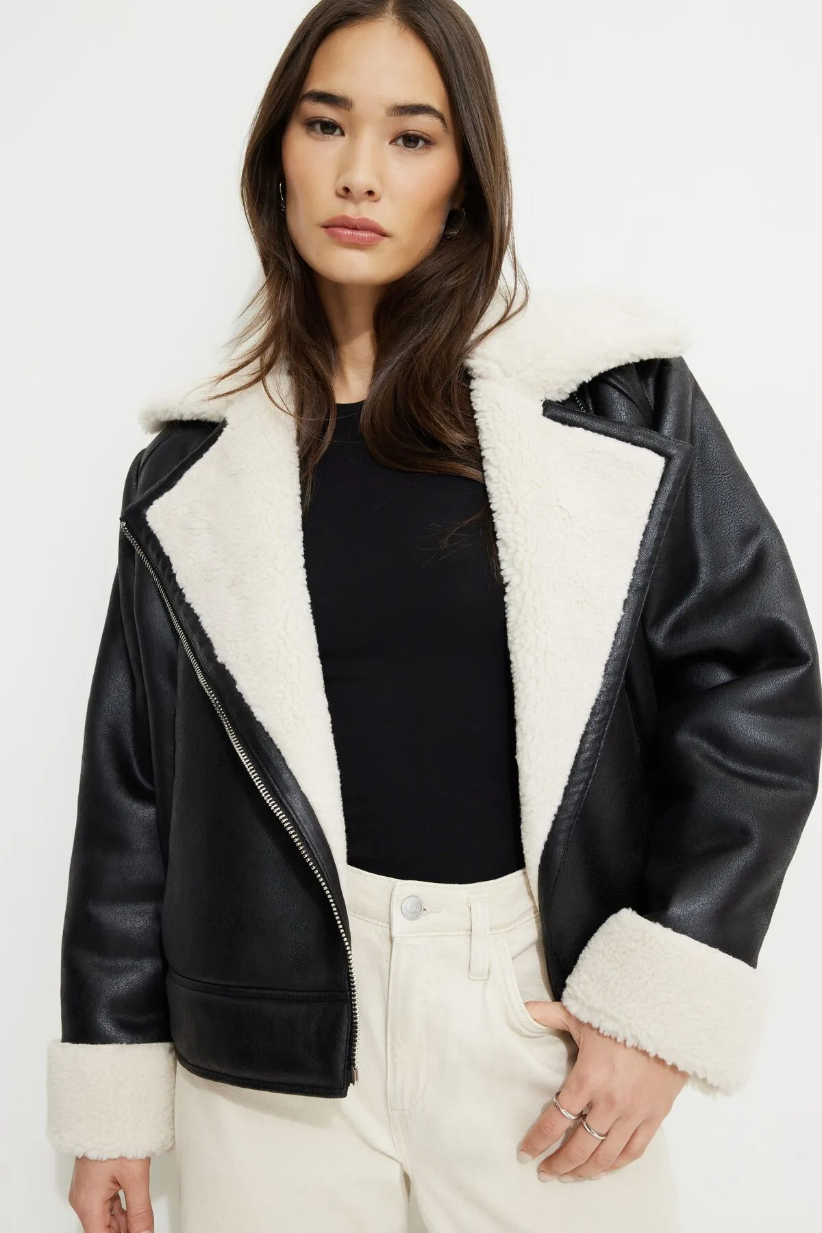 Sherpa Faux Leather Aviator Jacket sold by Dynamite