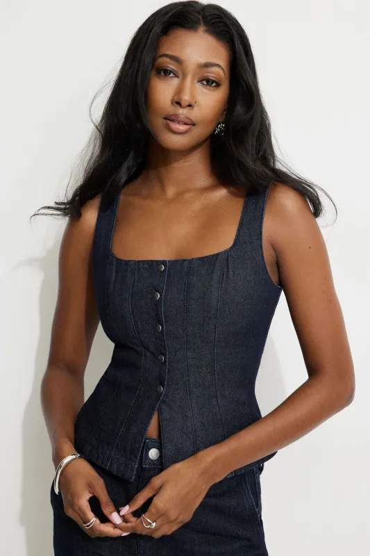 Snap Front Denim Corset Top sold by Dynamite