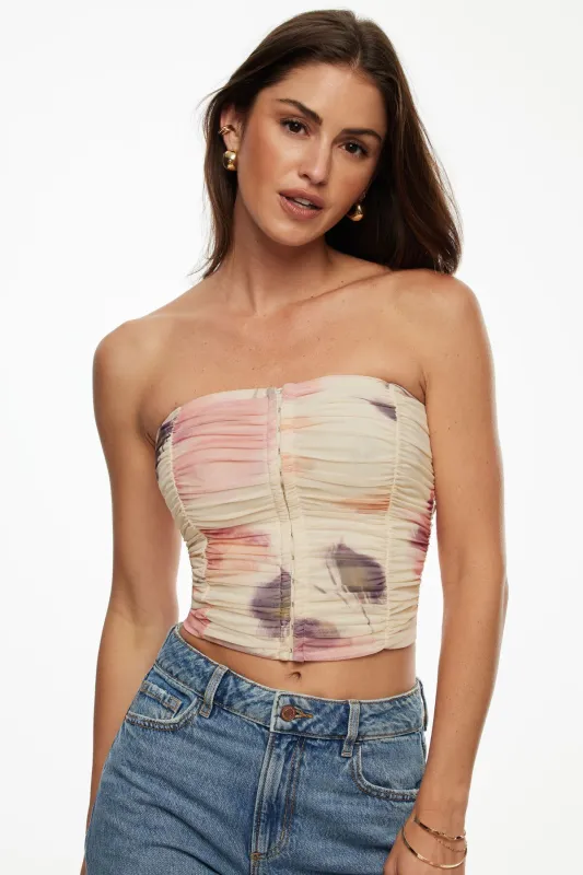 Salma Ruched Mesh Bustier Top sold by Dynamite