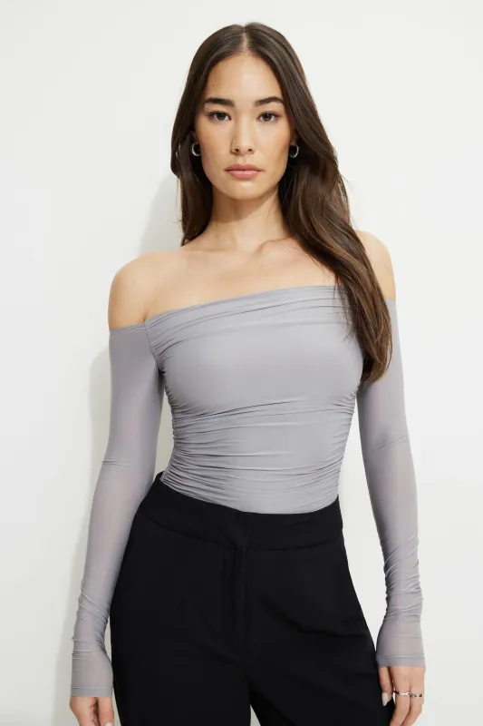 Ruched Off Shoulder Jersey Bodysuit sold by Dynamite
