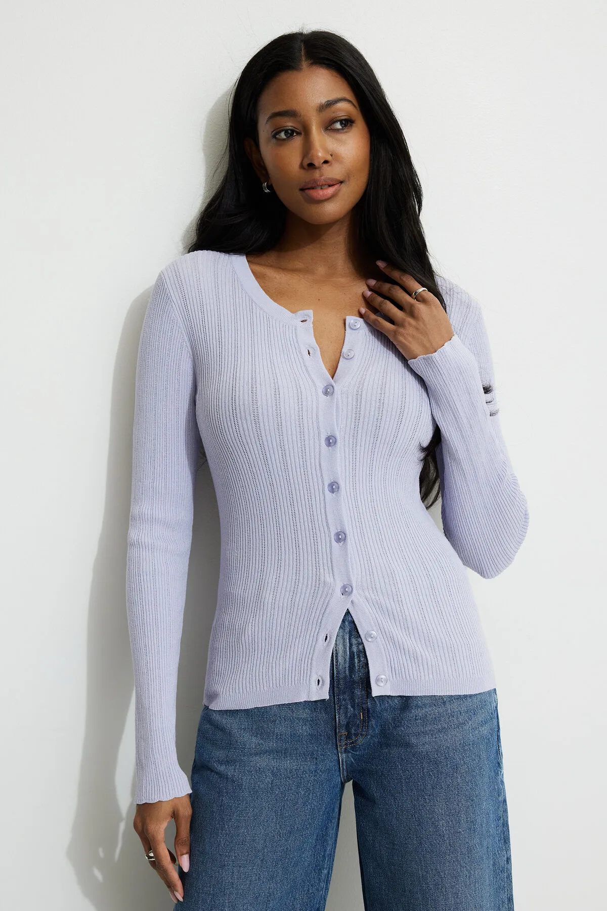 Mara Pointelle Crewneck Cardigan sold by Dynamite