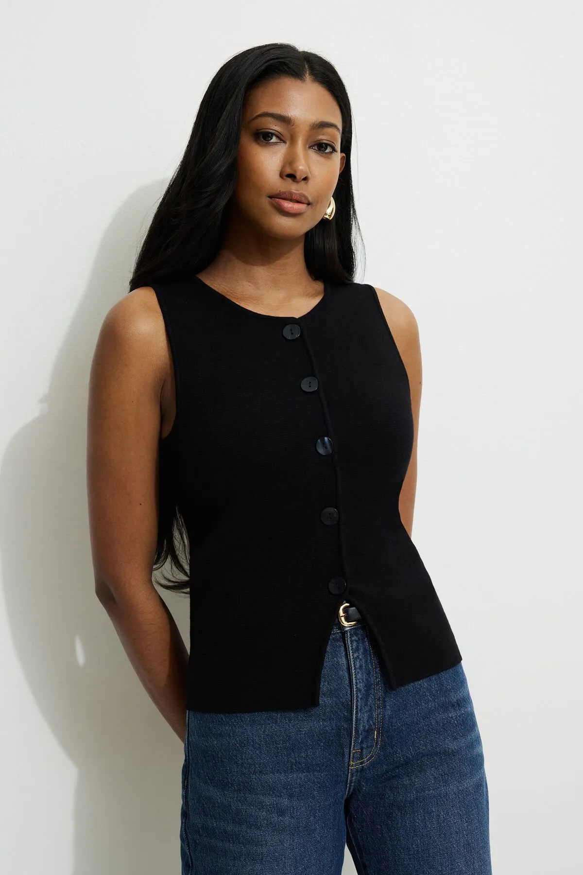 Vera Crewneck Button Up Sweater Vest sold by Dynamite