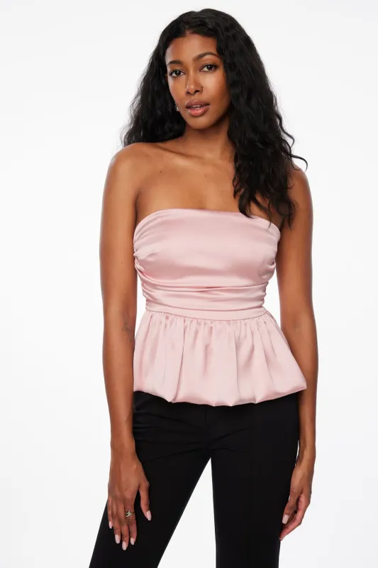 Ruched Peplum Satin Top sold by Dynamite
