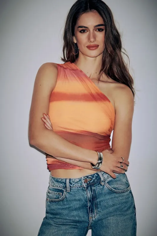 One Shoulder Shirred Mesh Top sold by Dynamite