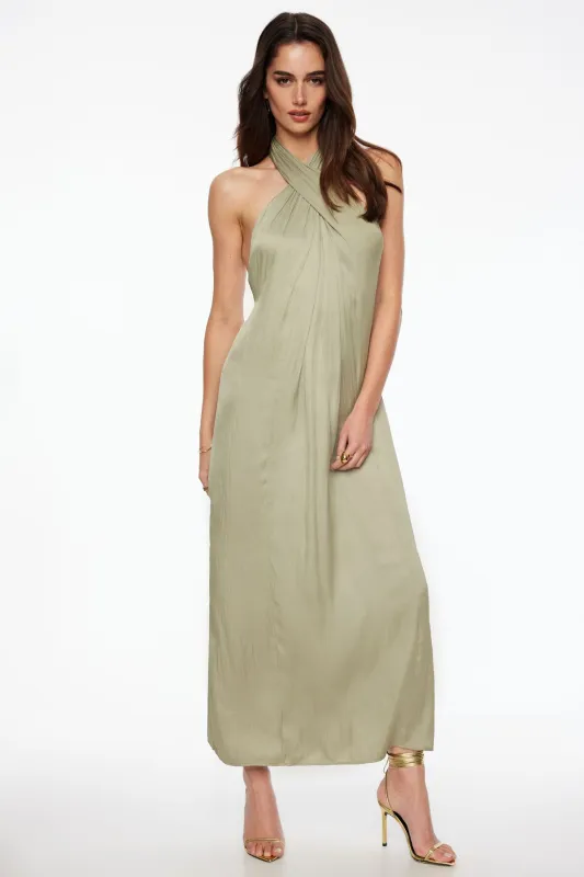 Crinkled Halter Satin Maxi Dress sold by Dynamite