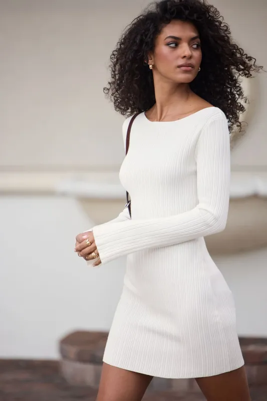 Ribbed Boat Neck Mini Sweater Dress sold by Dynamite