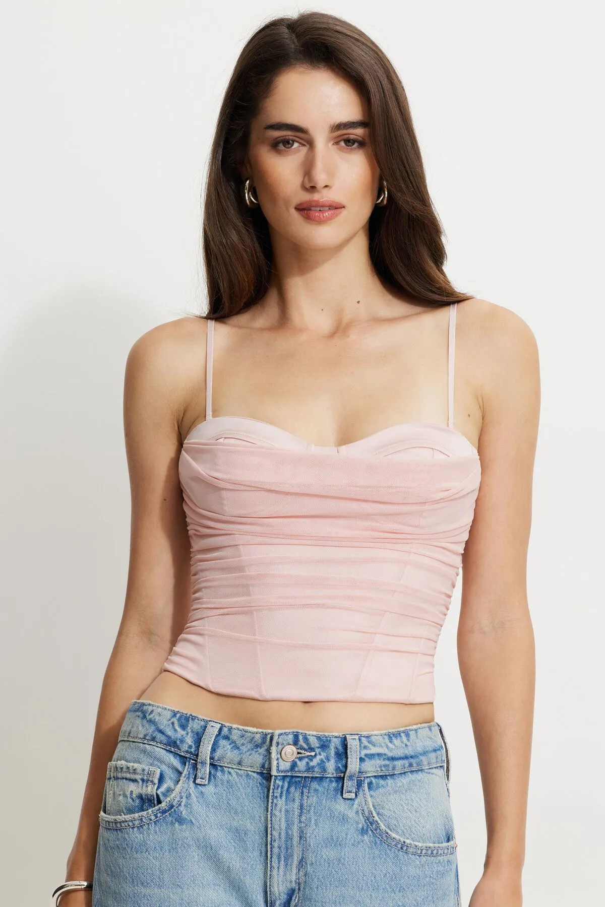 Draped Mesh Corset Top sold by Dynamite