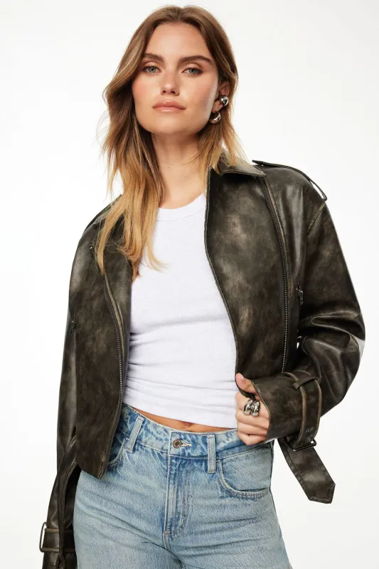 Faded Faux Leather Biker Jacket sold by Dynamite