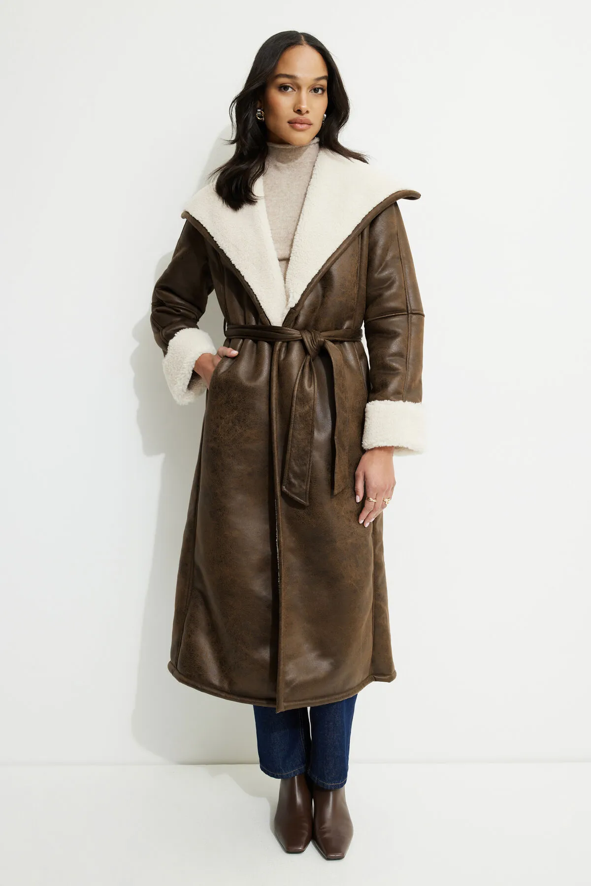 Sherpa Faux Leather Wrap Coat sold by Dynamite