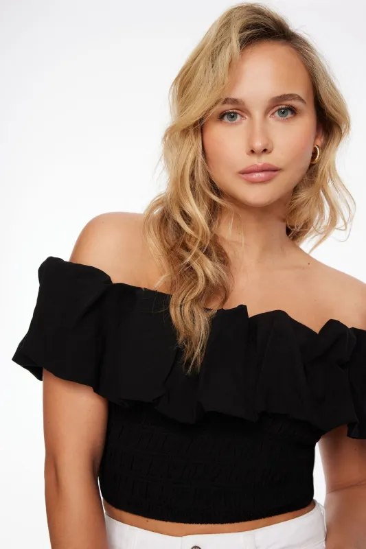 Off Shoulder Gathered Linen Top sold by Dynamite