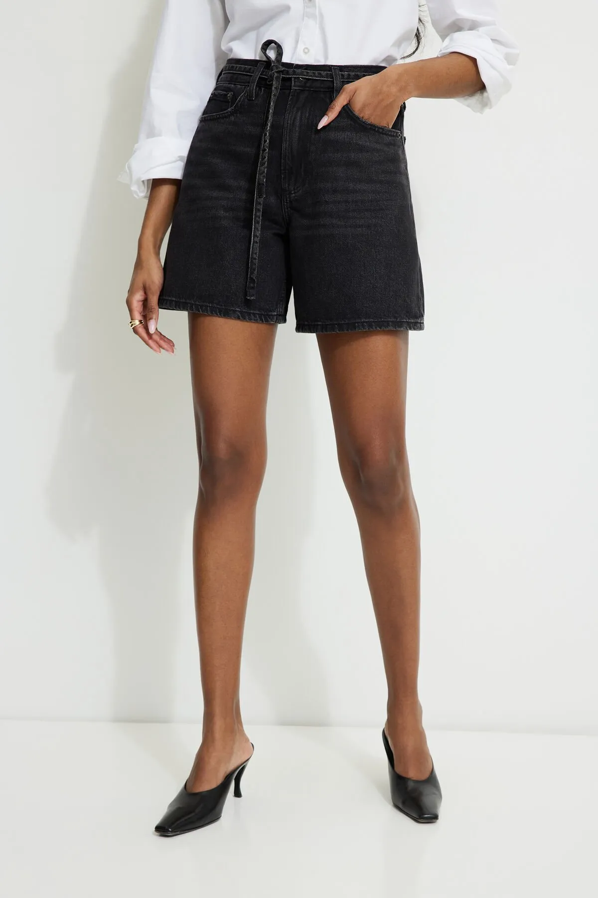 Charlie Drawstring High Rise A Line Denim Shorts sold by Dynamite product image thumbnail 3