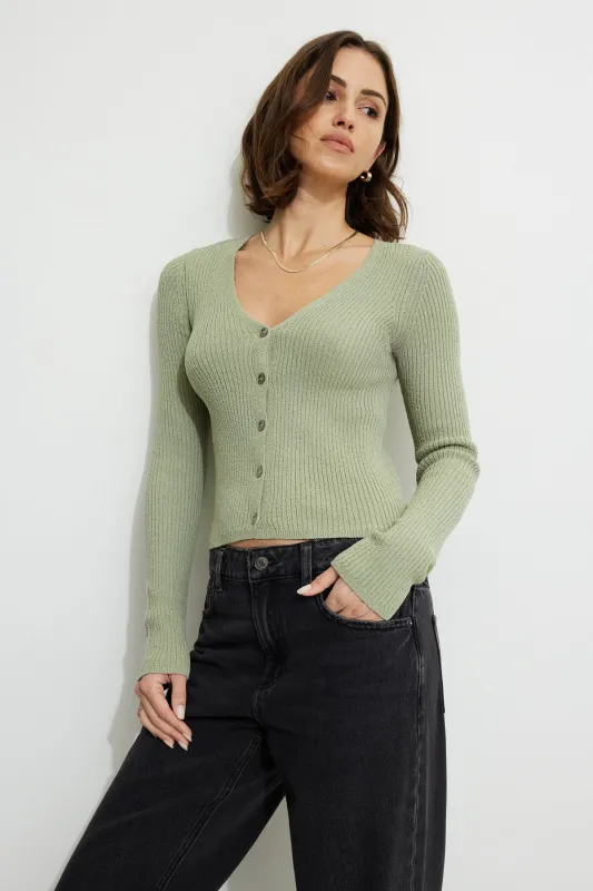 Mila Ribbed V Neck Cardigan sold by Dynamite