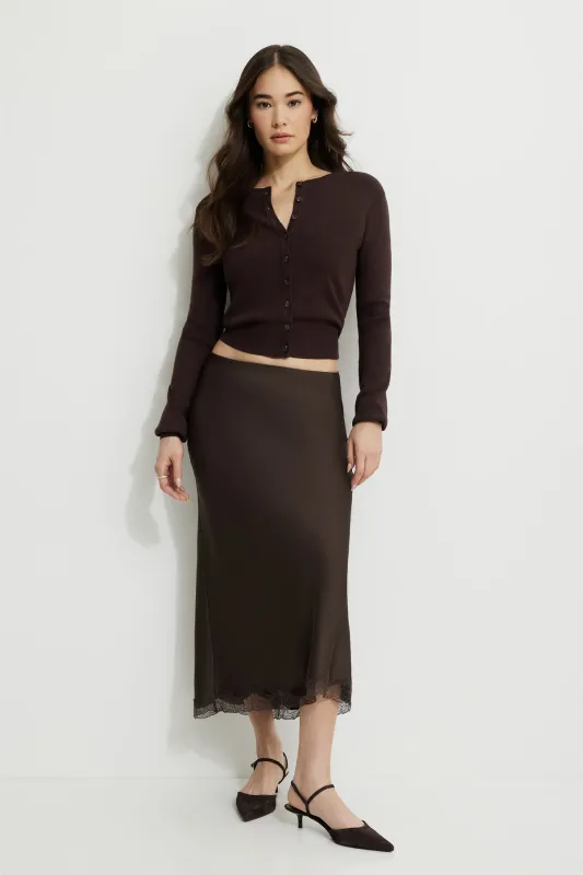 Satin Lace Trim Maxi Slip Skirt sold by Dynamite