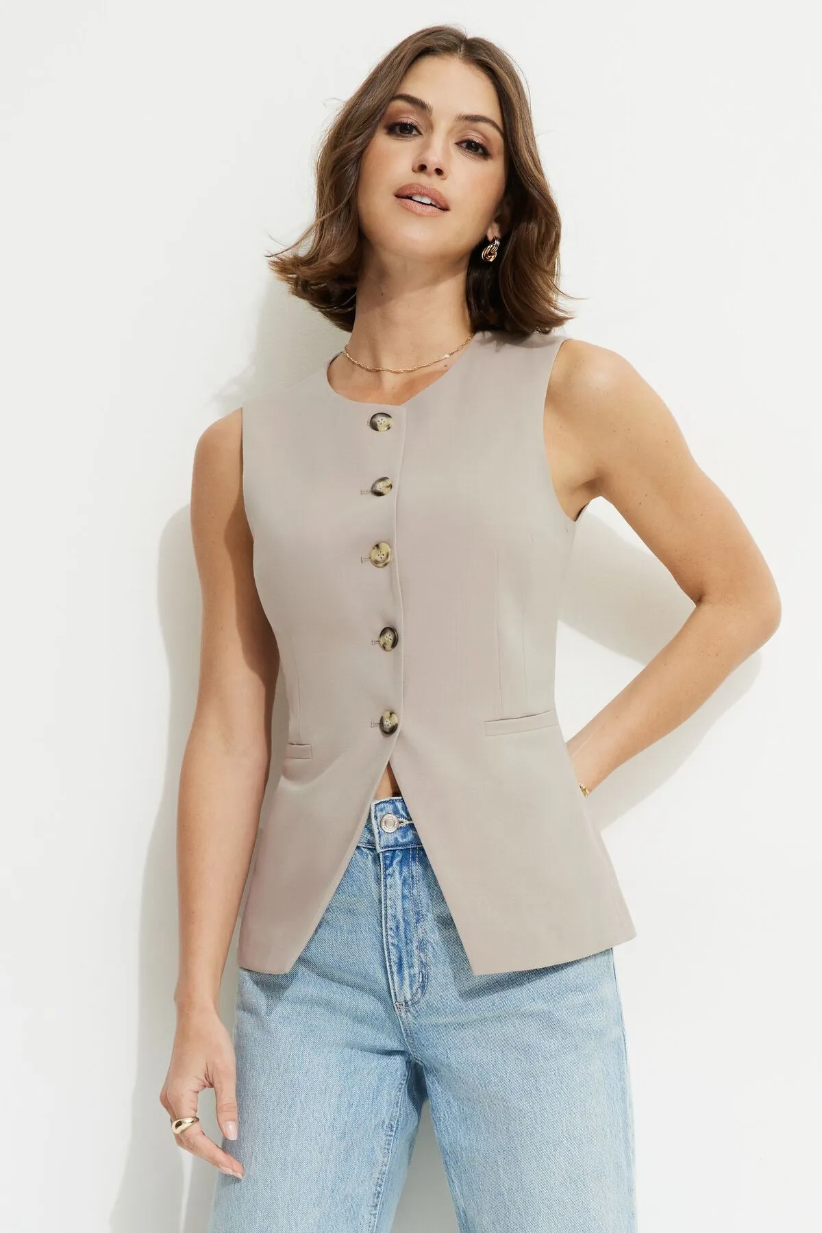 Emery Round Neck Flyaway Vest sold by Dynamite