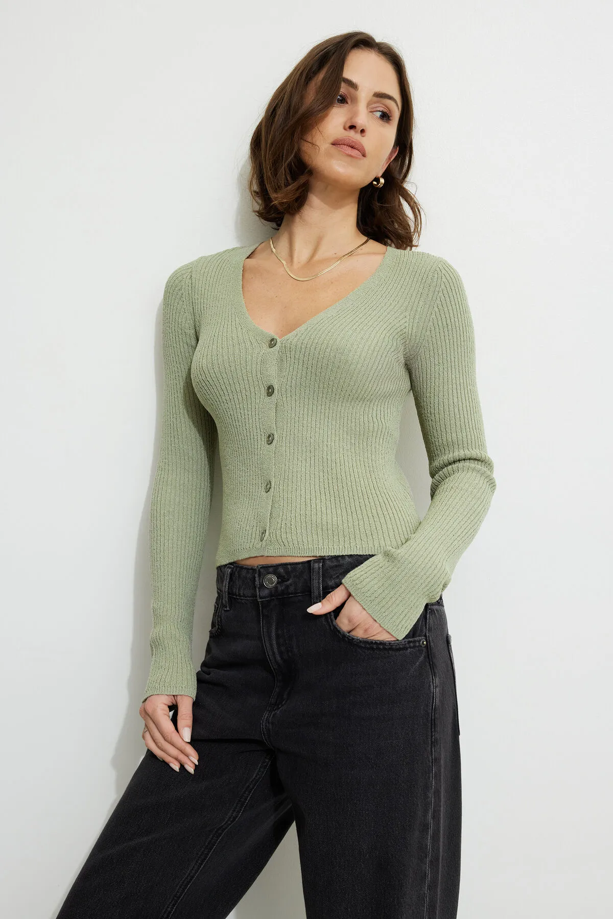 Mila Ribbed V Neck Cardigan sold by Dynamite
