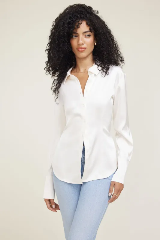 Eva Cinched Satin Shirt sold by Dynamite