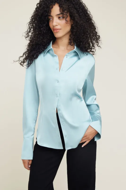 Eva Cinched Satin Shirt sold by Dynamite