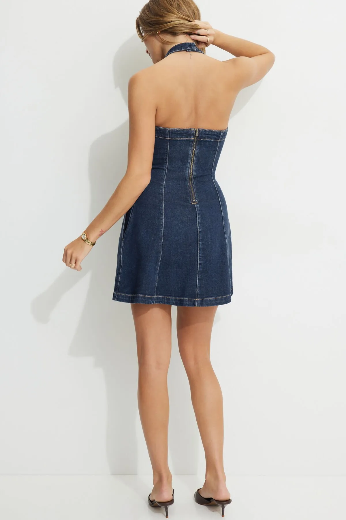 Flared Halter Denim Mini Dress sold by Dynamite product image thumbnail 5