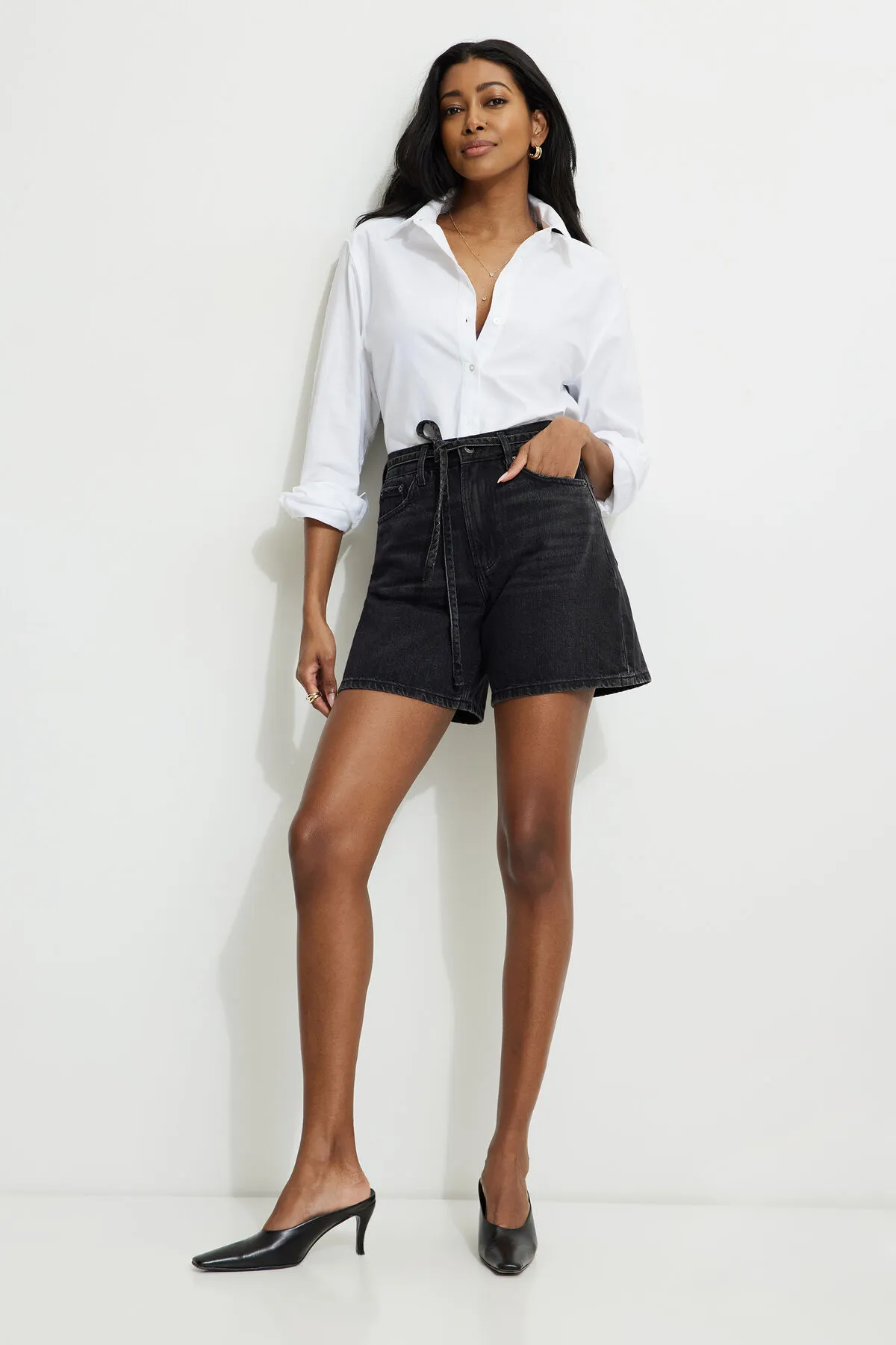 Charlie Drawstring High Rise A Line Denim Shorts sold by Dynamite product image thumbnail 2