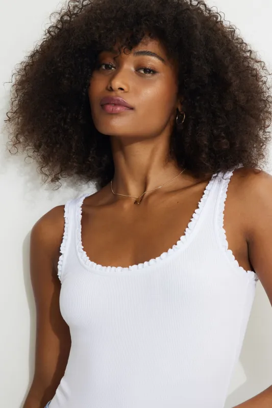 Ribbed Ruffle Trim Bodysuit sold by Dynamite