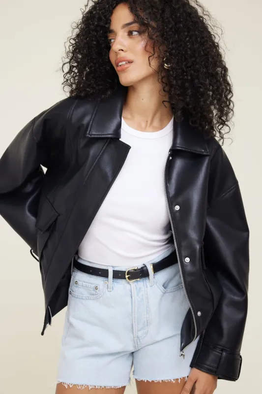 Oversized Faux Leather Aviator Jacket sold by Dynamite