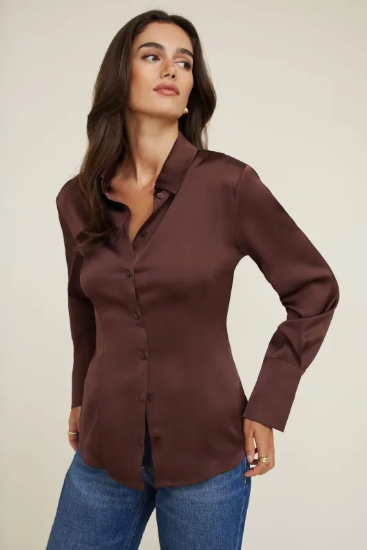 Eva Cinched Satin Shirt sold by Dynamite