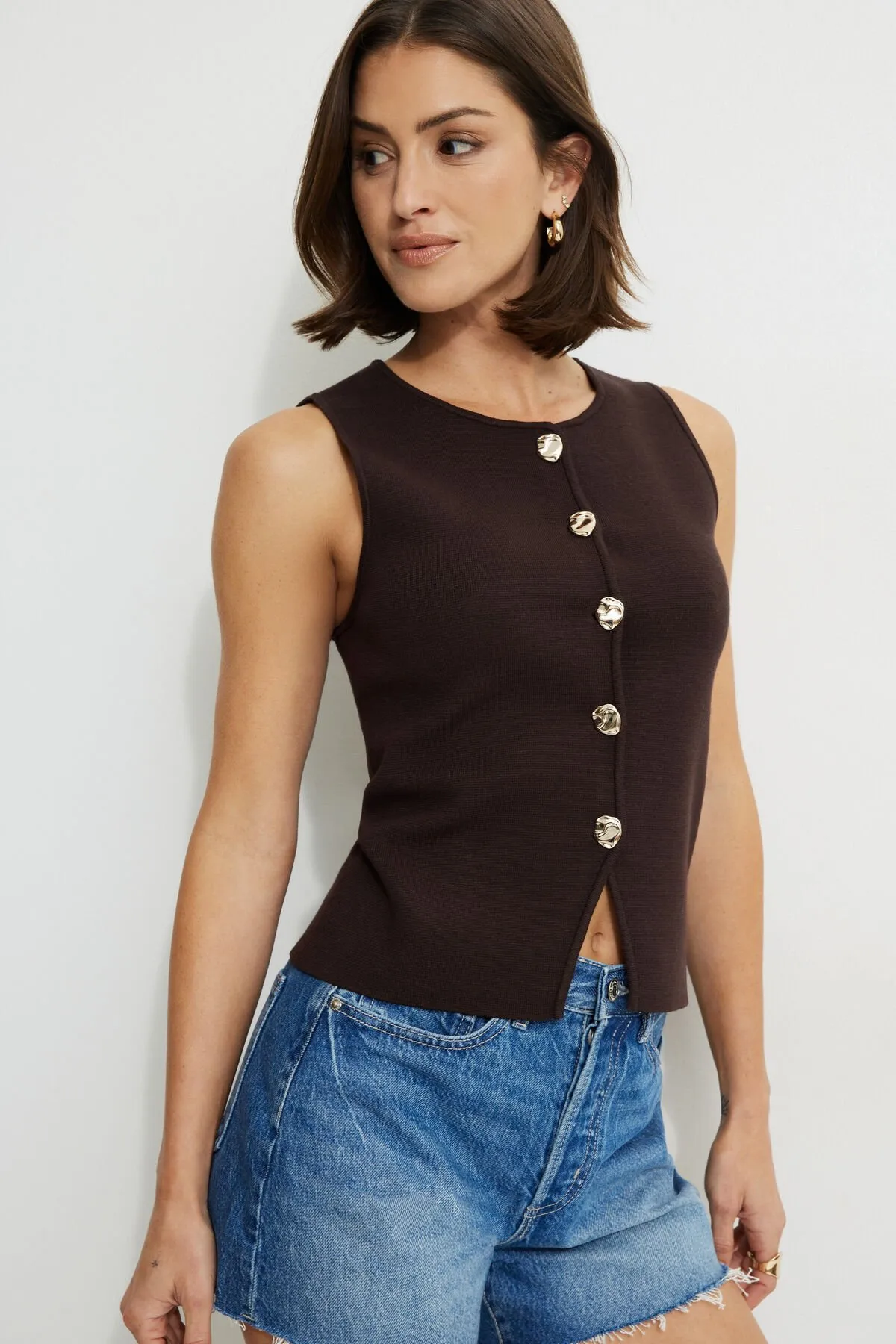 Vera Crewneck Button Up Sweater Vest sold by Dynamite