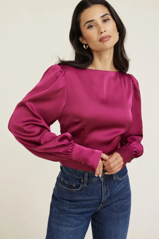 Faye Cropped Boat Neck Satin Blouse sold by Dynamite