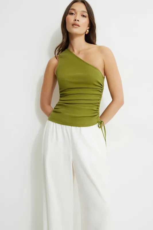 Beaded Drawstring Single Shoulder Jersey Top sold by Dynamite