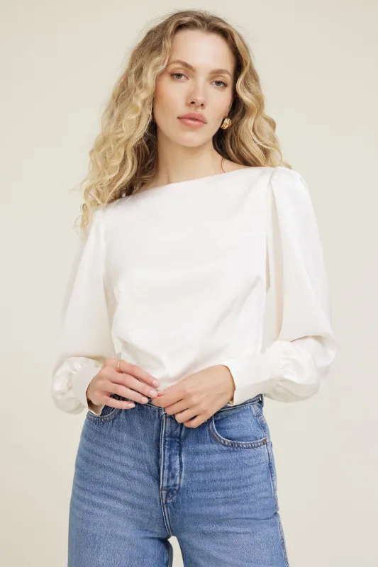 Faye Cropped Boat Neck Satin Blouse sold by Dynamite
