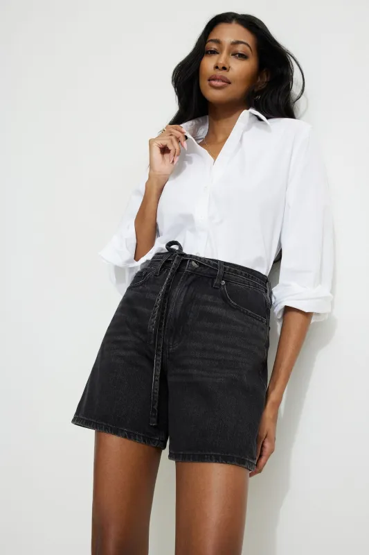 Charlie Drawstring High Rise A Line Denim Shorts sold by Dynamite