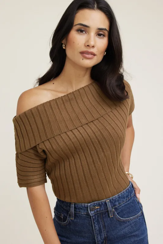 Ribbed Off Shoulder Sweater sold by Dynamite
