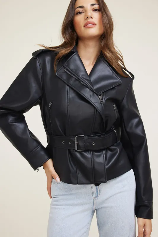 Belted Faux Leather Moto Jacket sold by Dynamite