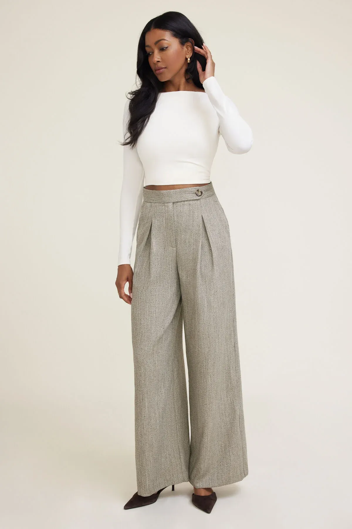 Herringbone Pleated Wide Leg Pants sold by Dynamite
